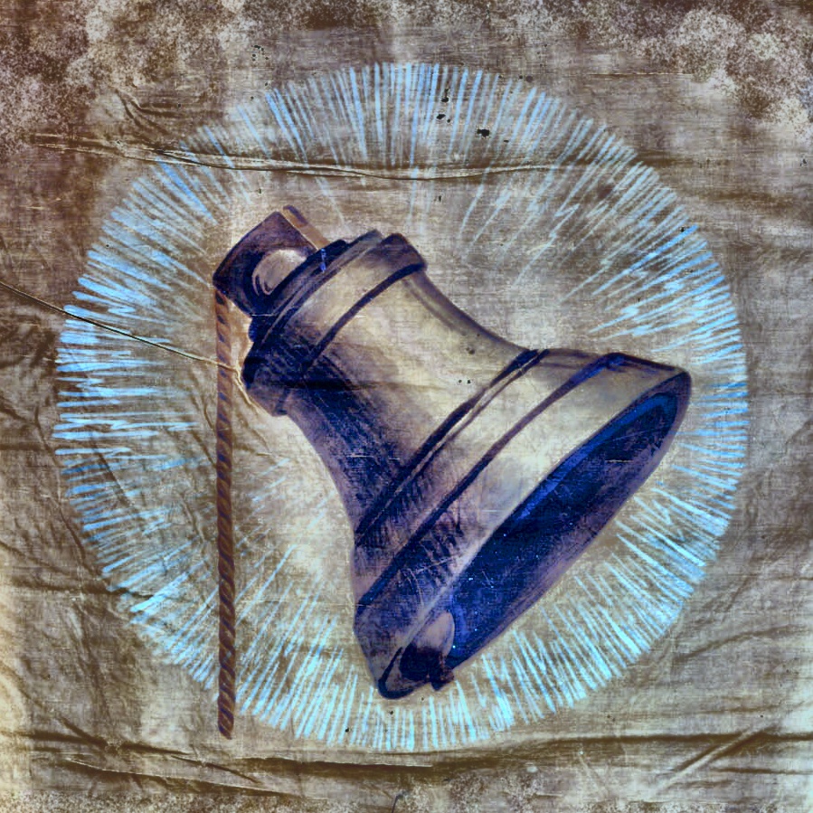 Weathered antislavery banner bearing a bell, haloed by painted rays — after the 'Proclaim Liberty' banners carried at First-of-August emancipation celebrations.